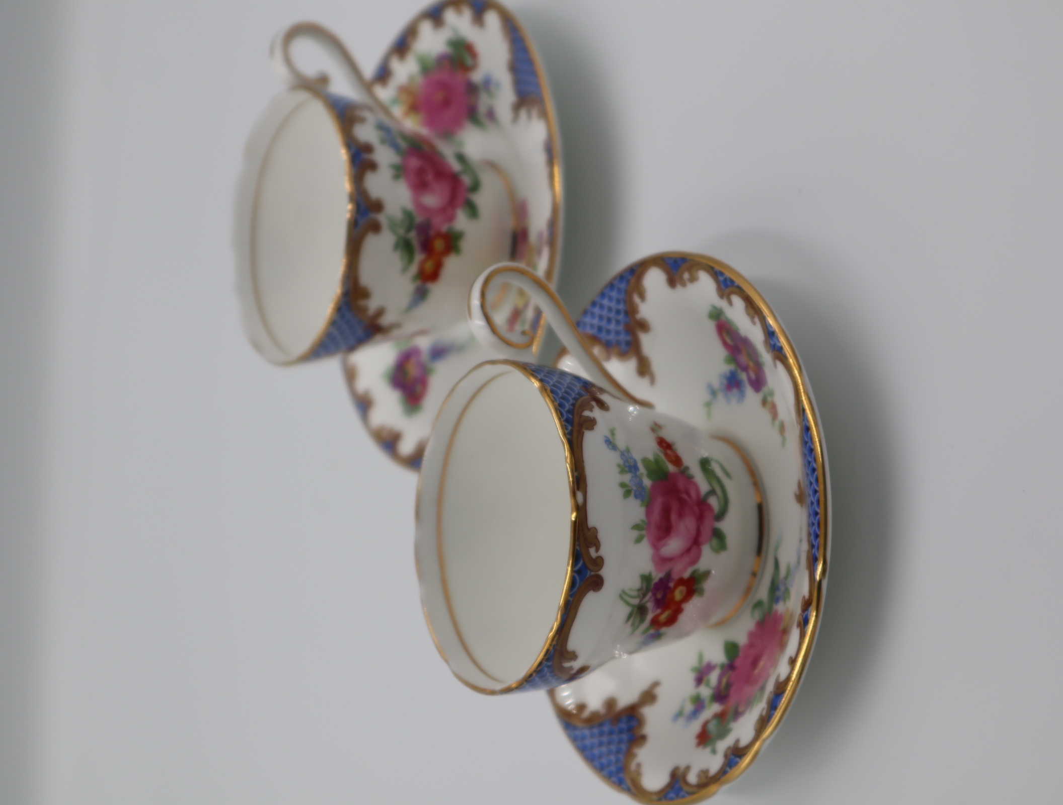 Aynsley Blue and Pink floral design Tea Cup and Saucer set of two